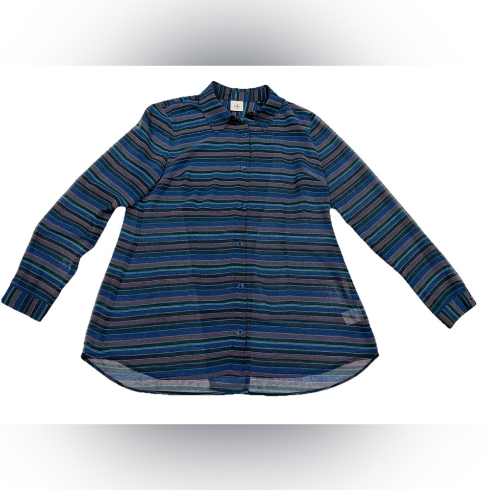 CAbi Sheer Blouse Blue Striped Split Back Button-Down Sz Small